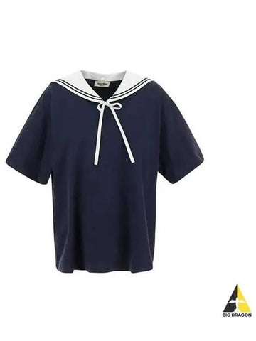 MIU Women s Sailor Collar Short Sleeve T Shirt Navy MJN461 11EC - MIU MIU - BALAAN 1