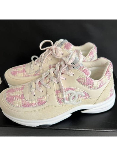 CC Logo Cotton Tweed Suede Calfskin Low Top Sneakers Pink Ecru - CHANEL - BALAAN 2