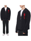 Heart Logo V Neck Wool Cardigan Black - AMI - BALAAN 2