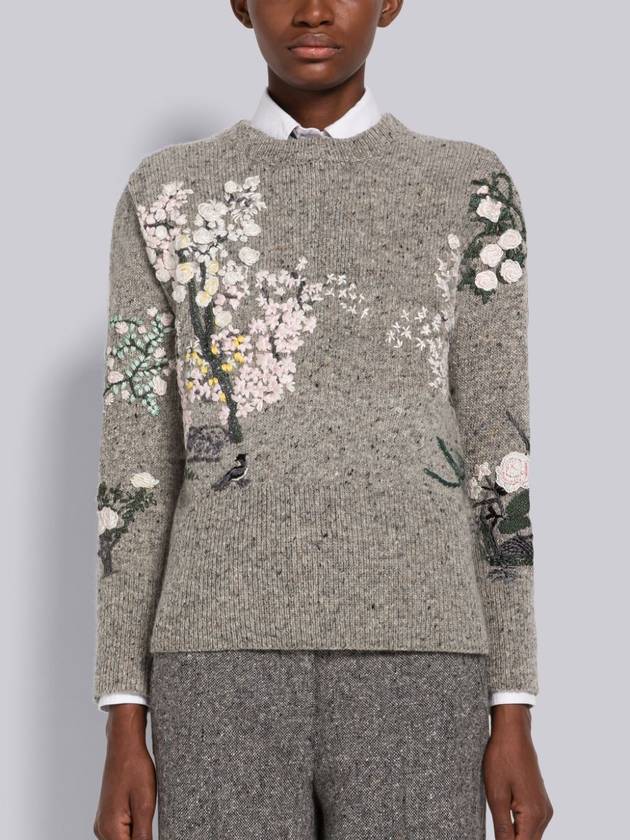 Women's Donegal Mohair Tweed Embroidered Knit Top Grey - THOM BROWNE - BALAAN 7