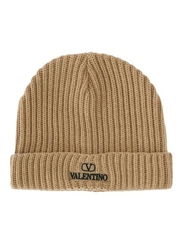 Embroidered Logo Ribbed Beanie Camel - VALENTINO - BALAAN 1