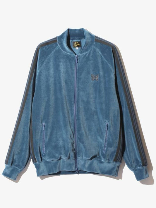 Webbing Trimmed Embroidered Logo Cotton Blend Velvet Track Jacket Blue - NEEDLES - BALAAN 2