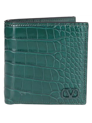 V Logo Crocker Effect Half Wallet Green - VALENTINO - BALAAN 1