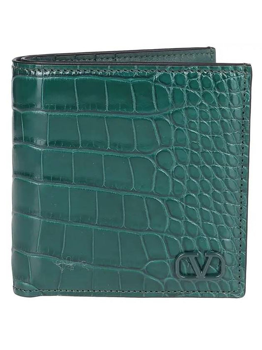 V Logo Crocodile Leather Bicycle Wallet Green - VALENTINO - BALAAN.