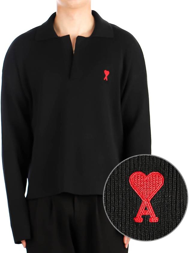 Small Heart Long Sleeve Polo Shirt Black - AMI - BALAAN 2