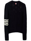 Women's 4 Bar V-neck Cable Merino Wool Cardigan Navy - THOM BROWNE - BALAAN.