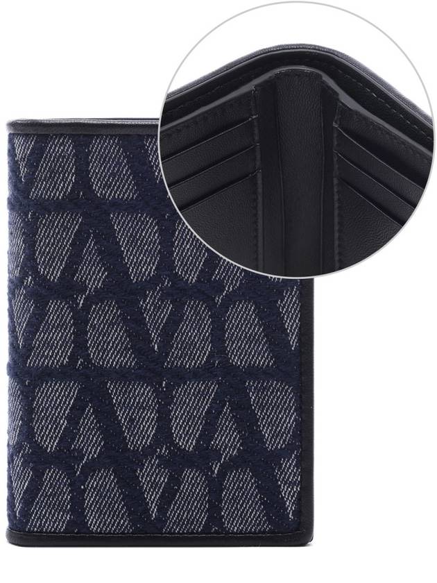 V Logo Folding Leather Half Wallet Navy Black - VALENTINO - BALAAN 2