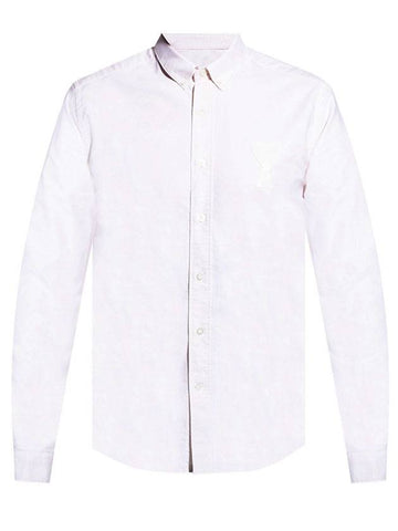 Men's Big Heart Embroidered Logo Oxford Long Sleeve Shirt White - AMI - BALAAN.