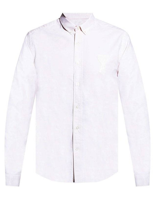 Men's Big Heart Embroidered Logo Oxford Long Sleeve Shirt White - AMI - BALAAN 1