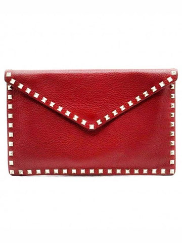 Women s Valentino TVQP56VSH1 Red Calfskin Envelope Gold Rockstud Clutch gt Pouch Gangbuk used luxury goods - VALENTINO - BALAAN 1