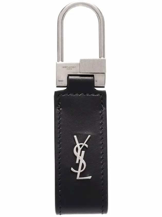 Silver Hardware Mini Monogram Leather Key Holder Black - SAINT LAURENT - BALAAN 1