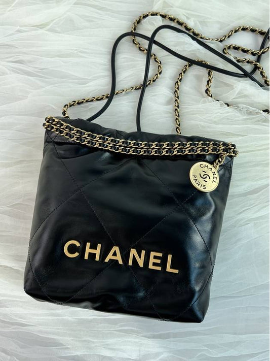 Mini Handbag Shiny Calfskin Gold Black - CHANEL - BALAAN 2