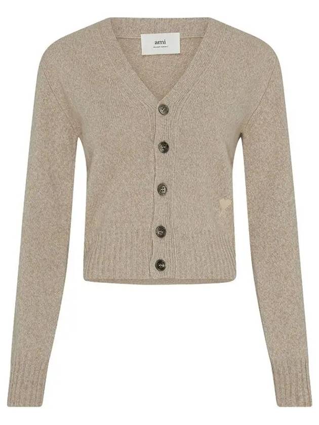 Embroidered Heart Logo Cashmere Cardigan Champagne - AMI - BALAAN 2