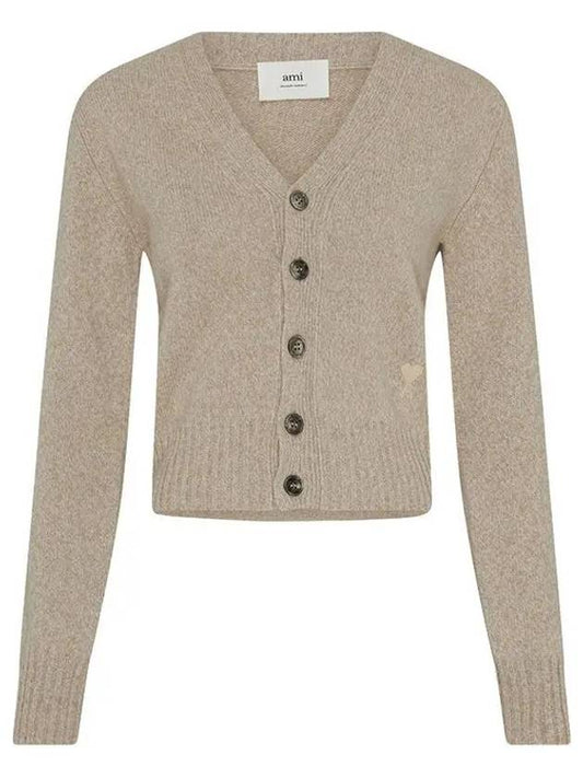 Embroidered Heart Logo Cashmere Cardigan Champagne - AMI - BALAAN 2