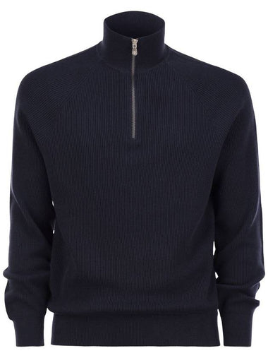 Cotton rib sweater with zip opening and raglan sleeve - BRUNELLO CUCINELLI - BALAAN 1