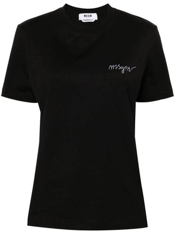 Embroidered Glitter Logo Cotton Short Sleeve T Shirt Black - MSGM - BALAAN 1