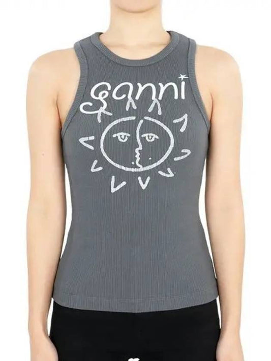 Sun Graphic Print Ribbed Sleeveless Grey - GANNI - BALAAN 2