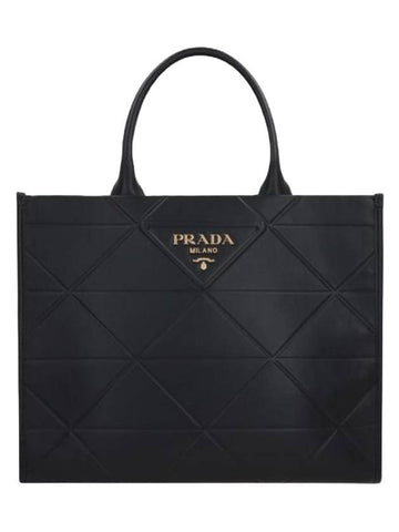 Topstitched Plaque Large Leather Hand Tote Bag Black - PRADA - BALAAN 1