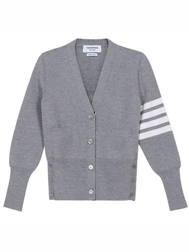 Milano Stitch 4 Bar Classic V Neck Fine Merino Wool Cardigan Medium Grey - THOM BROWNE - BALAAN 2