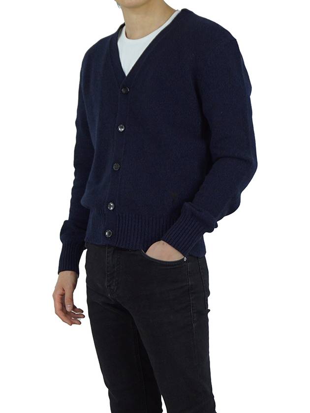 Heart Logo V Neck Cashmere Cardigan Navy - AMI - BALAAN 7