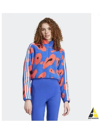 adidas Animal Print Fleece Crop Half Zip Up Top Blue Red IY1664 - ADIDAS - BALAAN 1