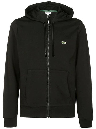 Embroidery Logo Kangaroo Pocket Fleece Zip Up Hoodie Black - LACOSTE - BALAAN 1