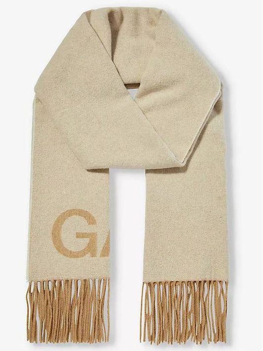 Logo Print Fringe Wool Muffler Beige - GANNI - BALAAN 2