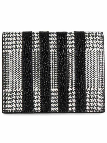 Prince Of Wales Print Double 4 Bar Pebbled Calfskin Card Wallet Black - THOM BROWNE - BALAAN 1