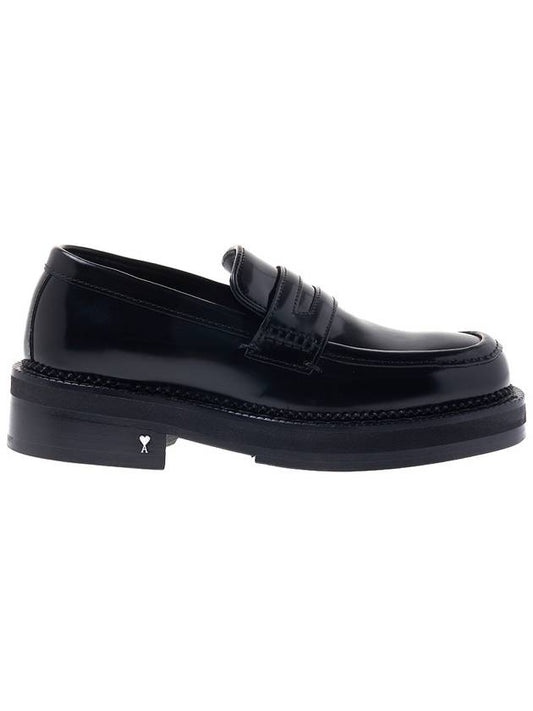 silver tone heart logo leather loafers black - AMI - BALAAN.