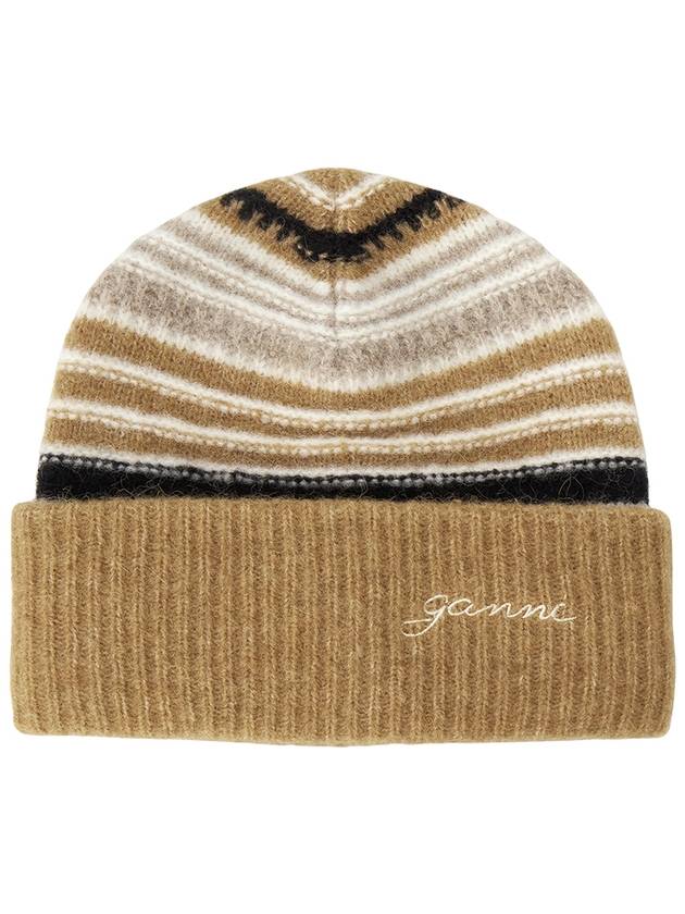 Logo Striped Beanie Brown - GANNI - BALAAN 2