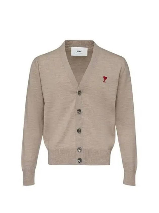 Red Heart Logo Merino Wool Cardigan Beige - AMI - BALAAN 2