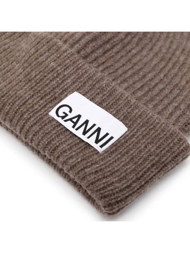 Logo Tag Ribbed Beanie Brown - GANNI - BALAAN 3