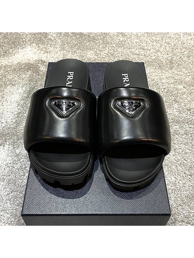 Logo Padded Leather Slippers Black - PRADA - BALAAN 4