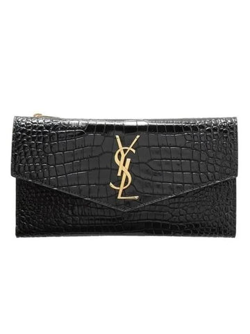 Uptown Crocodile Flap Long Wallet Black - SAINT LAURENT - BALAAN.