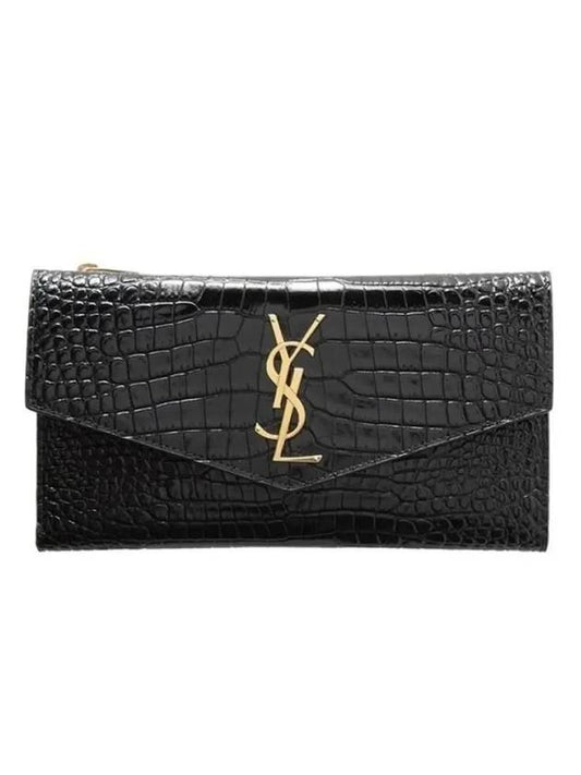 Uptown Crocodile Embossed Shiny Leather Flap Long Wallet Black - SAINT LAURENT - BALAAN 1