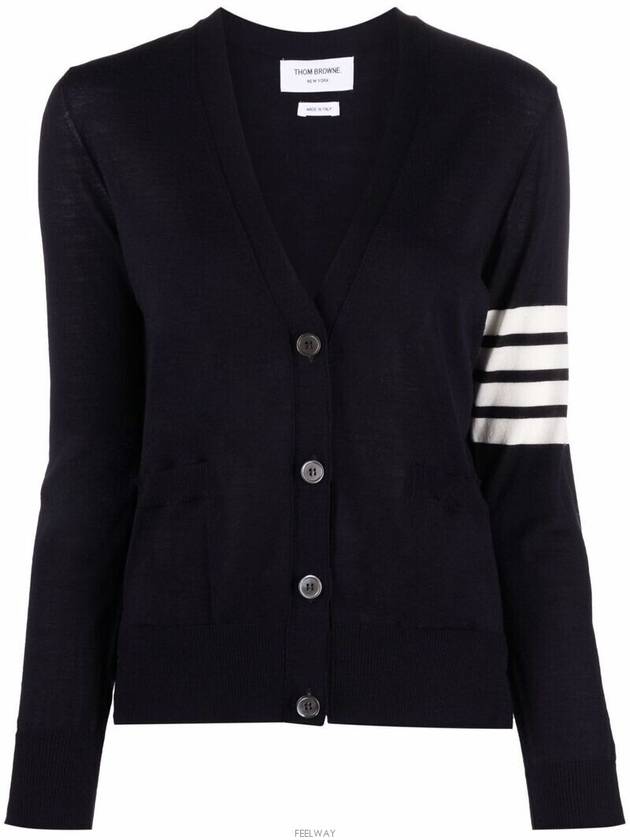 Sustainable Fine Merino Wool 4-Bar Relaxed Fit V-Neck Cardigan Navy - THOM BROWNE - BALAAN 3