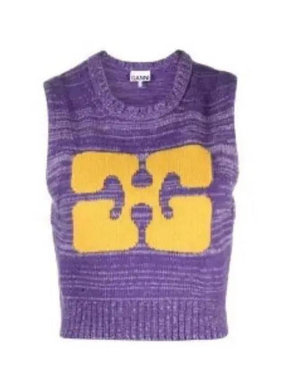 Logo Graphic Cropped Wool Vest Purple - GANNI - BALAAN 2