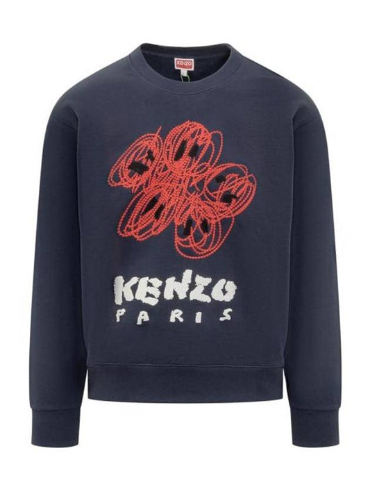 Drawn Varsity Embroidered Cotton Sweatshirt Navy - KENZO - BALAAN 1