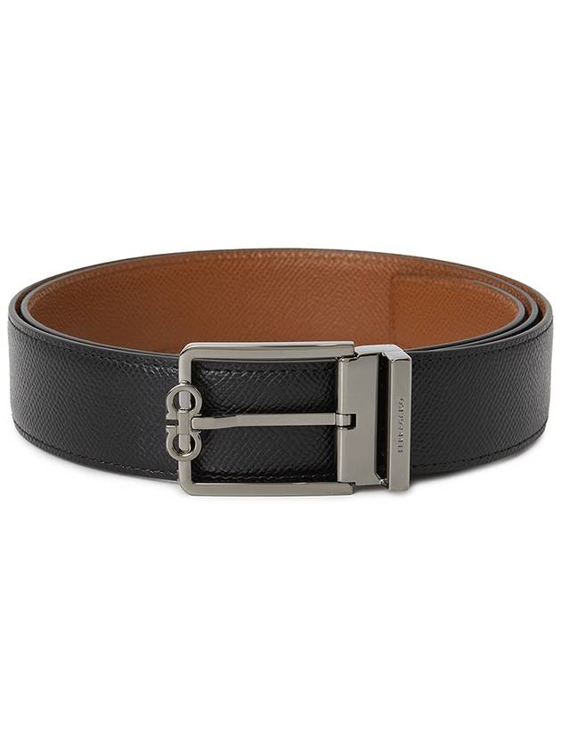 Men's Gancini Square Buckle Leather Belt Black Vicuna - SALVATORE FERRAGAMO - BALAAN 2