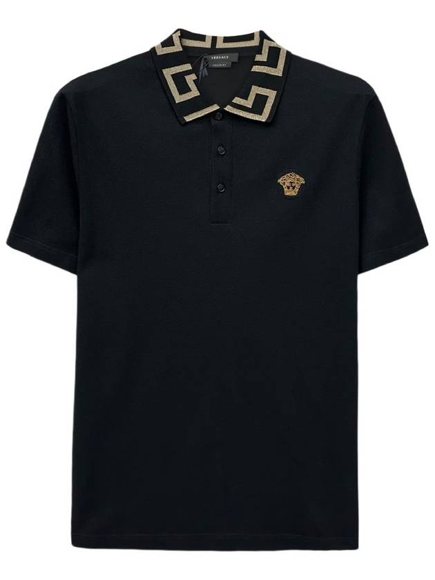 Men's Greca Logo Embroidered Short Sleeve Polo Shirt Black - VERSACE - BALAAN.
