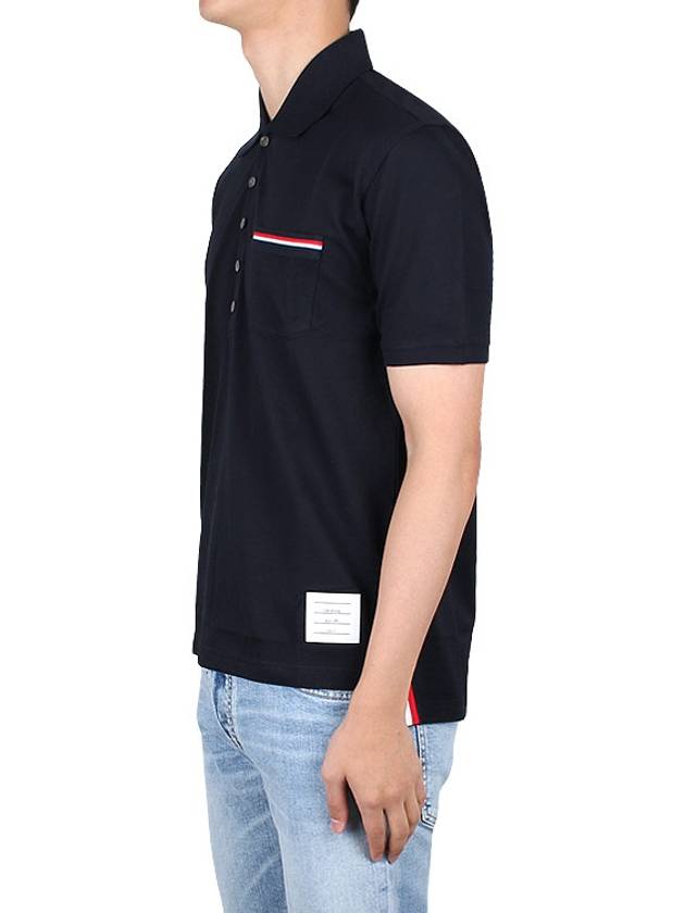 Men's Three Stripes Pocket Mercerized Short Sleeve Polo Shirt Navy - THOM BROWNE - BALAAN 4