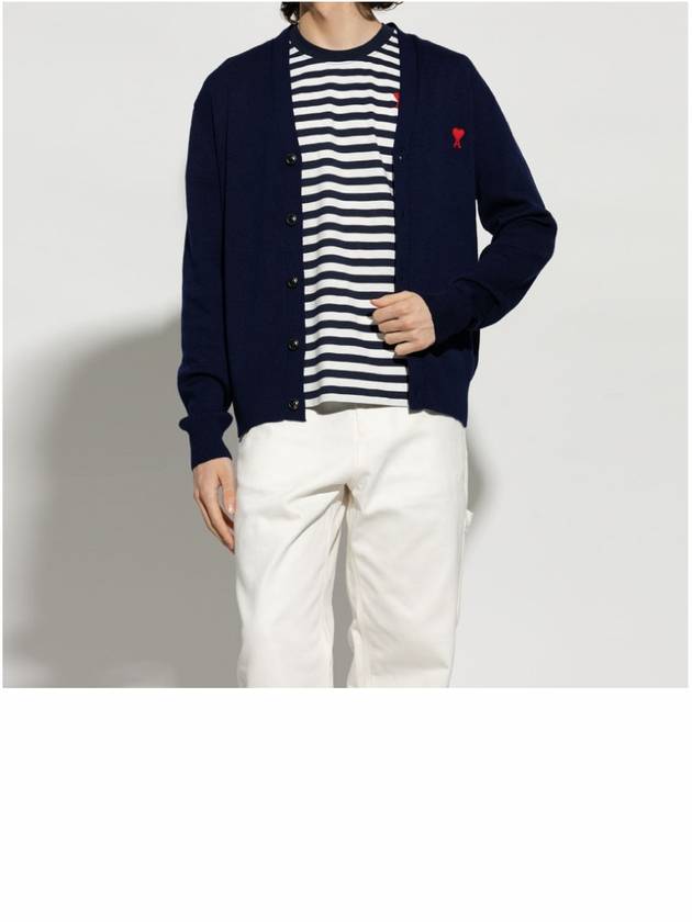 Red Heart Logo Merino Wool Cardigan Navy - AMI - BALAAN 4