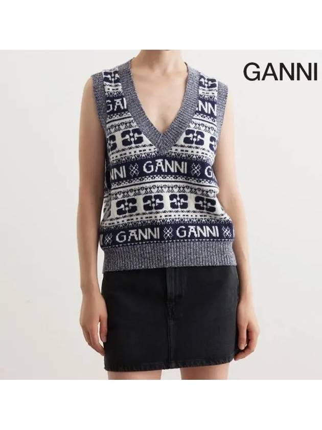 Logo Wool Mix Vest Knit Top Sky Captain - GANNI - BALAAN 5