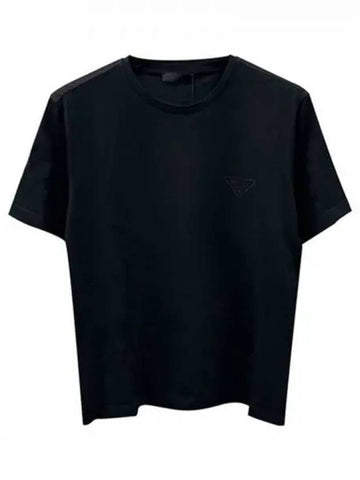 Chest logo round short sleeve t shirt black men s 270237 - PRADA - BALAAN 1