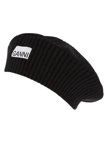 Logo Rib Edge Wool Beret Black - GANNI - BALAAN 1