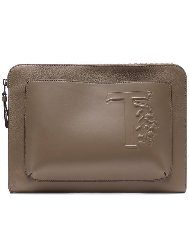 T Monogram Leather Clutch Bag Dark Beige - TOD'S - BALAAN 3