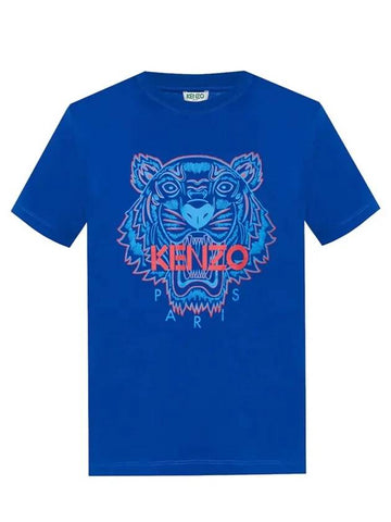 Tiger Print Short Sleeve T-Shirt Blue - KENZO - BALAAN.