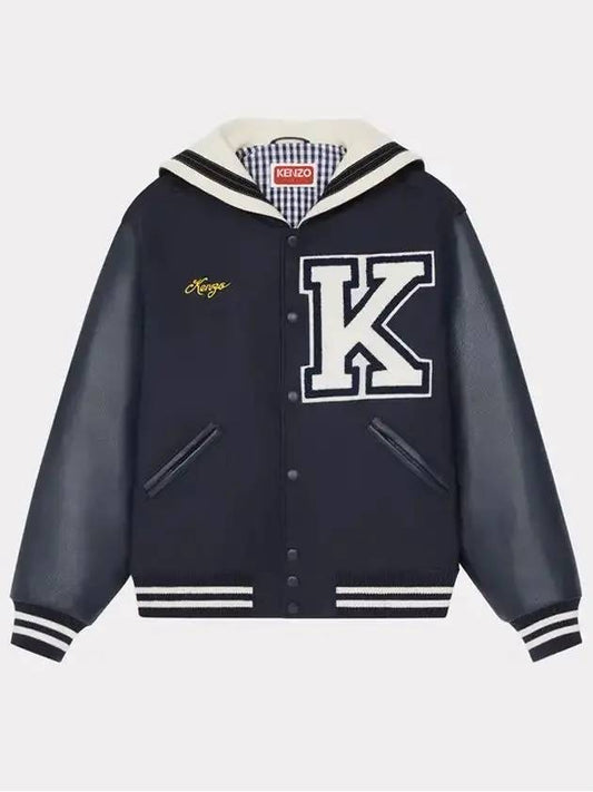 Men's Wool Leather Sailor Varsity Jacket Navy - KENZO - BALAAN.