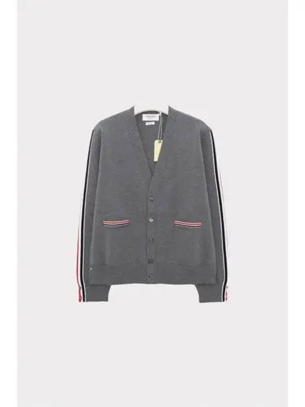 Men's Navy Side Intarsia Milano Stitch Wool Cardigan Grey - THOM BROWNE - BALAAN 2