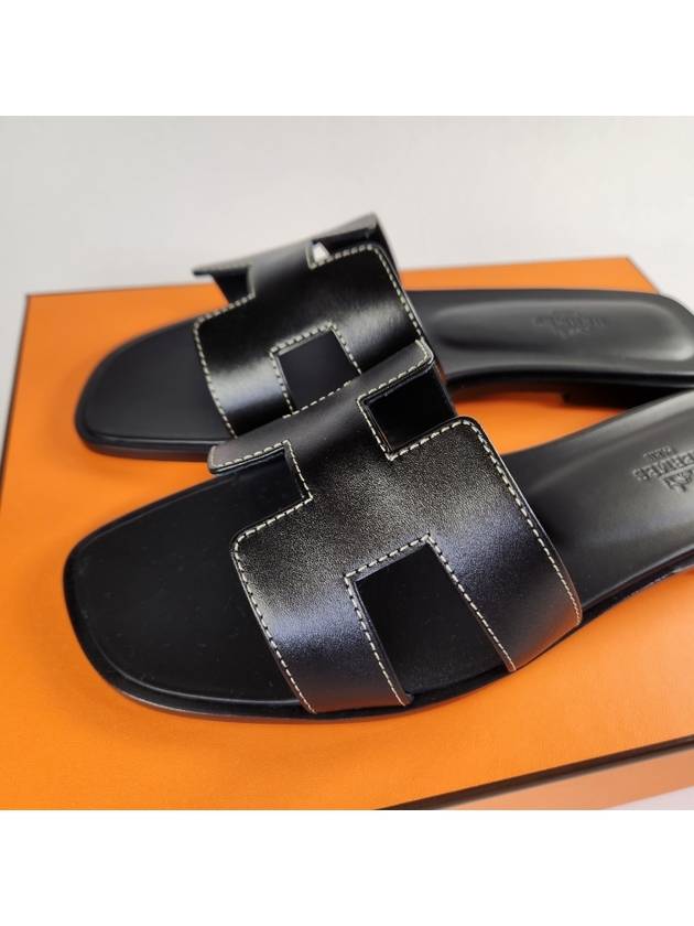 Oran Calfskin Slippers Noir Piqures Ecrues Black - HERMES - BALAAN 4